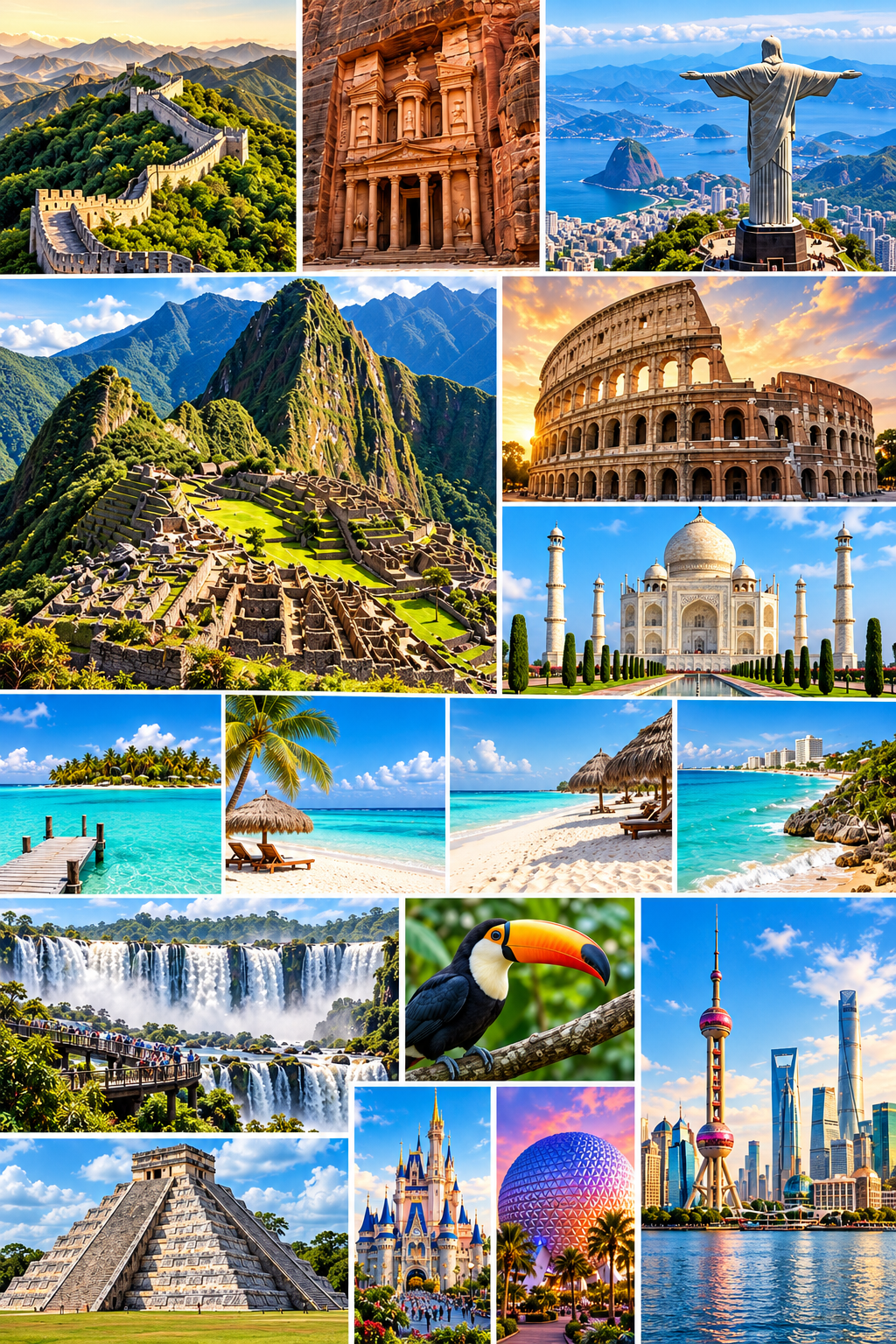 Collage de Machu Picchu, maravillas del mundo, playas del Caribe, Iguazú, Disney y Shanghái